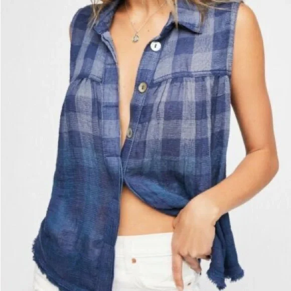 Free People Hey There Sunrise Button Down Gingham Sleeveless Shirt Blue M - Picture 11 of 15